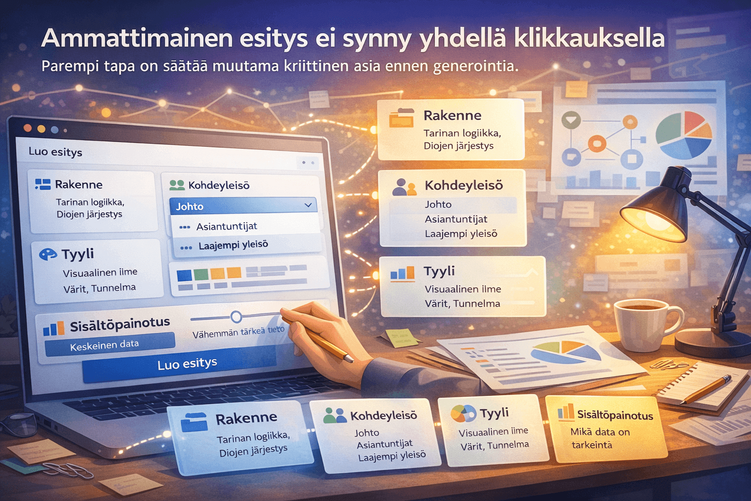 NotebookLM:ssä ratkaisee rakenne, kohdeyleisö, tyyli, sisältöpainotus
