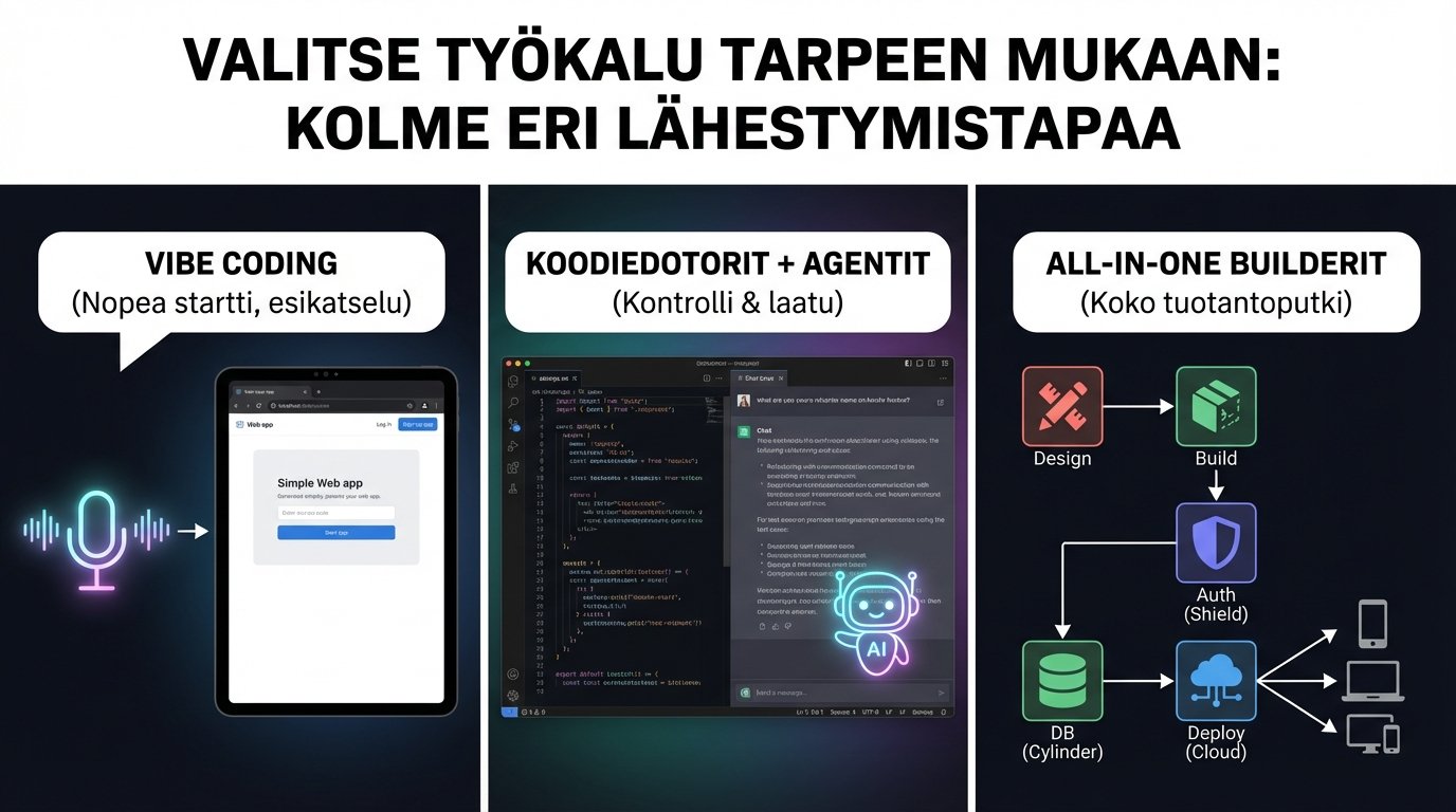 Mikä on paras ratkaisu: Vibe Coding, Koodieditorit + Agentit vai All-in-one -rakentajat