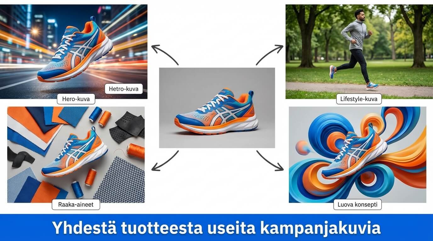 Nano Banana muuntaa yhdestä tuotteesta useita erilaisia tuotekuvia kuten hero-, lifestyle- ja konseptikuvia