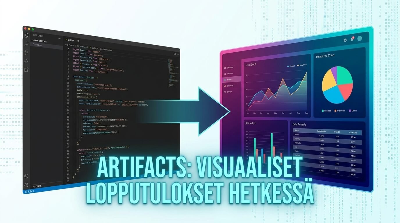 Koodieditori muuttuu visuaaliseksi dashboardiksi, mikä havainnollistaa Claude Coden artifacts-ominaisuutta.