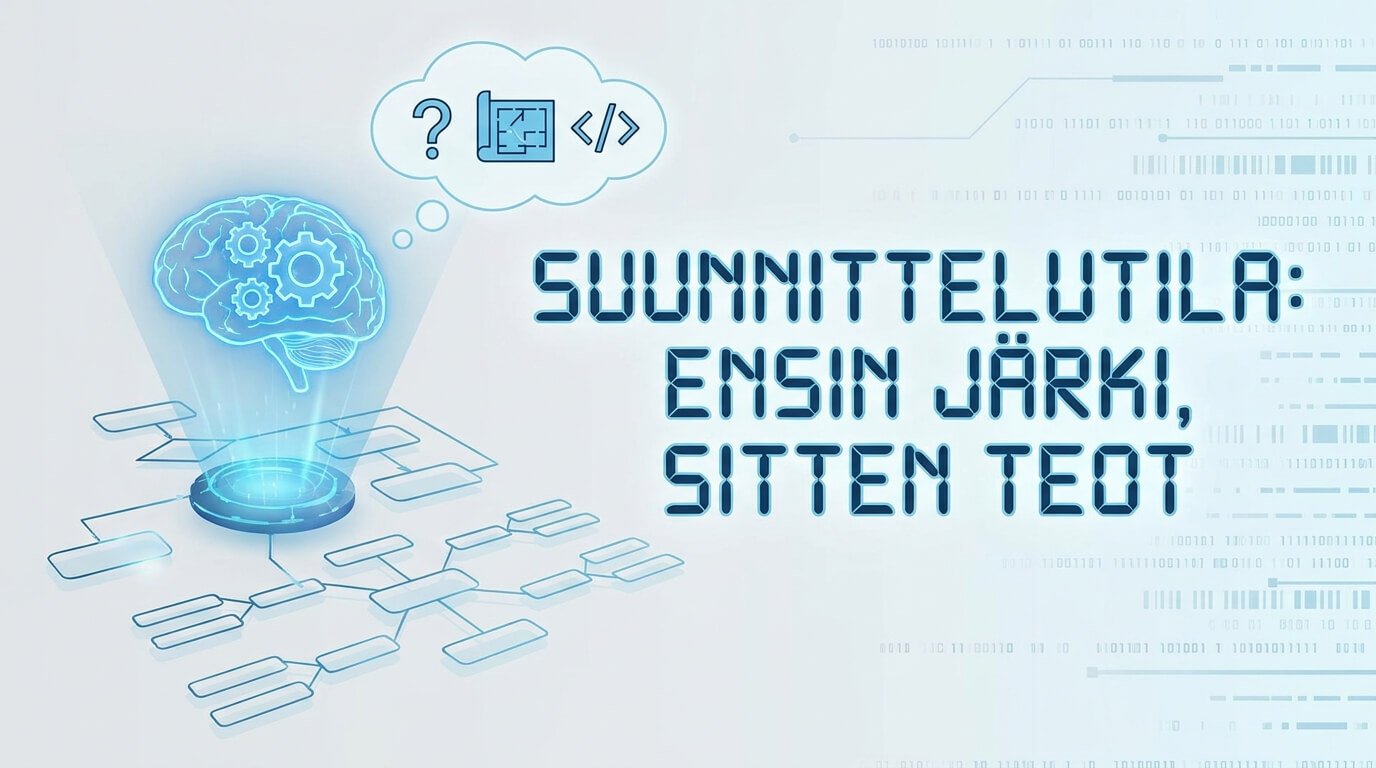 Sinertävä tekoälyaivo ja kaaviomainen työnkulku havainnollistavat Claude Coden suunnittelutilaa ja vaiheittaista ajattelua.