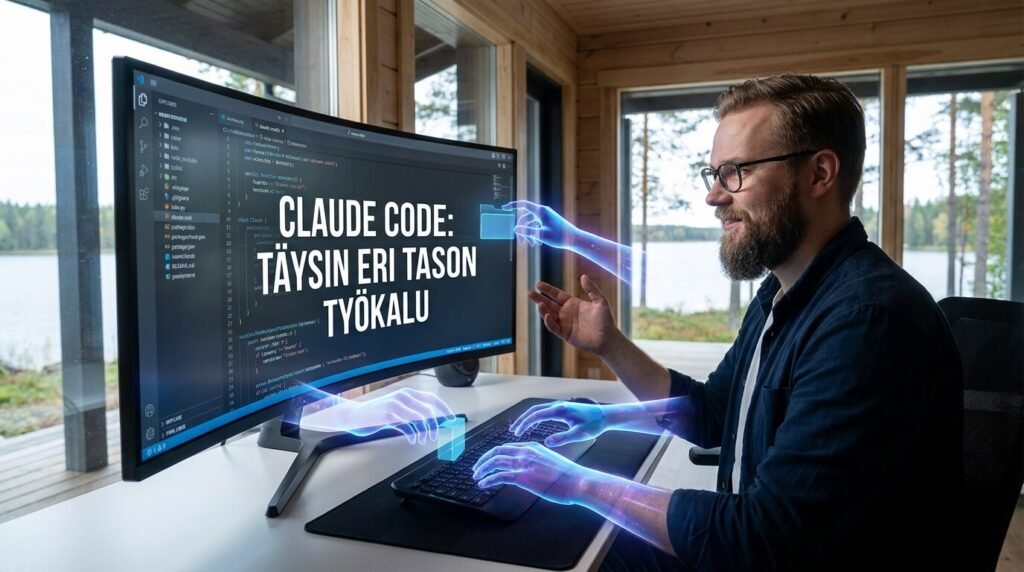 Mies työskentelee tietokoneella, ja näytöllä näkyy Claude Code -aiheinen koodinäkymä sekä futuristisia tekoälykäsiä.