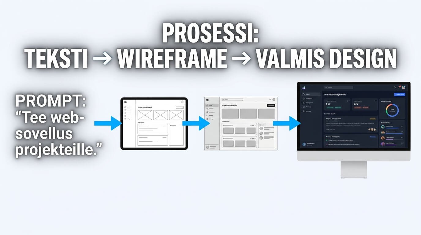 Claude Design -prosessi, jossa teksti muuttuu wireframeksi ja lopulta valmiiksi designiksi.