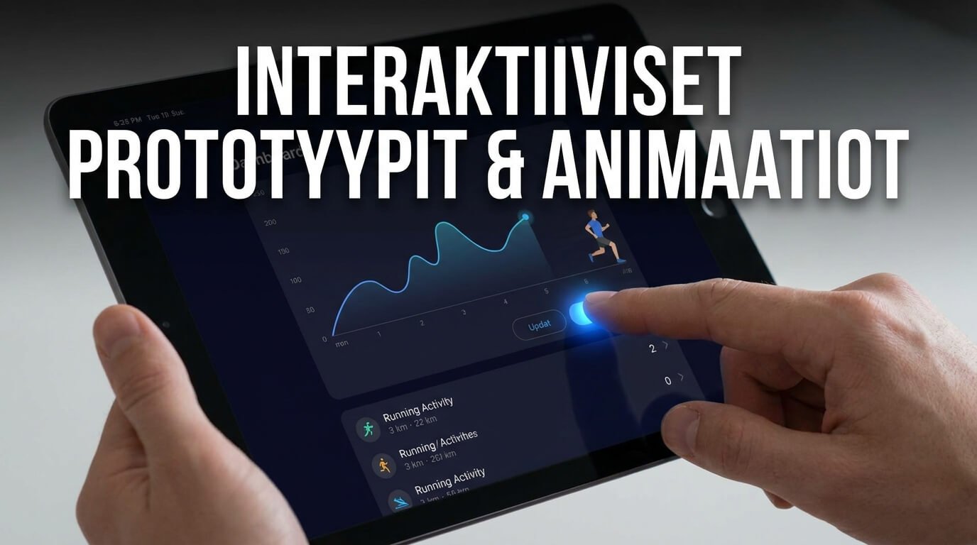 Interaktiivinen prototyyppi tabletilla, jossa käyttäjä testaa animaatioita ja käyttöliittymän toimintoja.