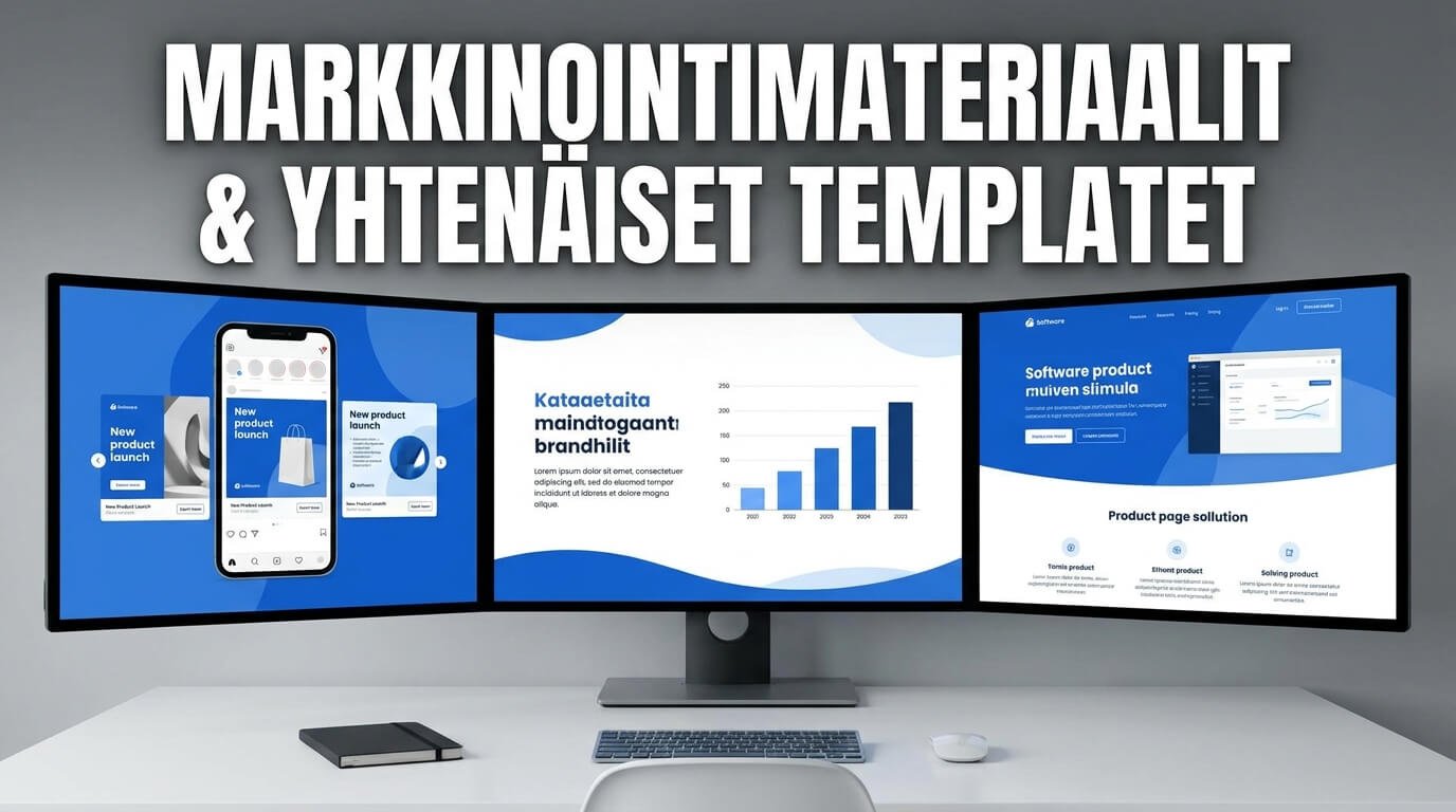 Claude Designilla luotuja markkinointimateriaaleja ja yhtenäisiä templateja leveällä näytöllä.