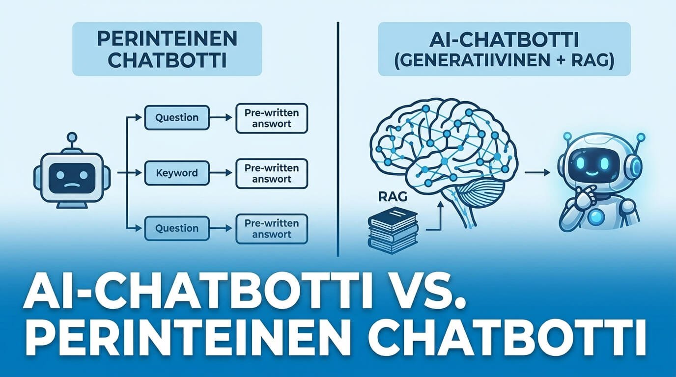 AI-chatbotti vs perinteinen chatbotti – visuaalinen vertailu sääntöpohjaisen ja RAG-teknologiaa hyödyntävän chatbotin välillä