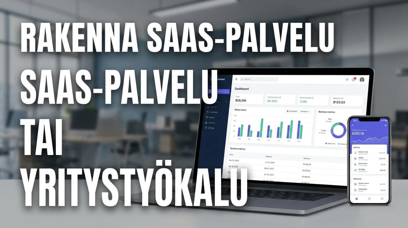 Tietokone ja mobiilisovellus esittävät SaaS-palvelun hallintapaneelia ja analytiikkaa