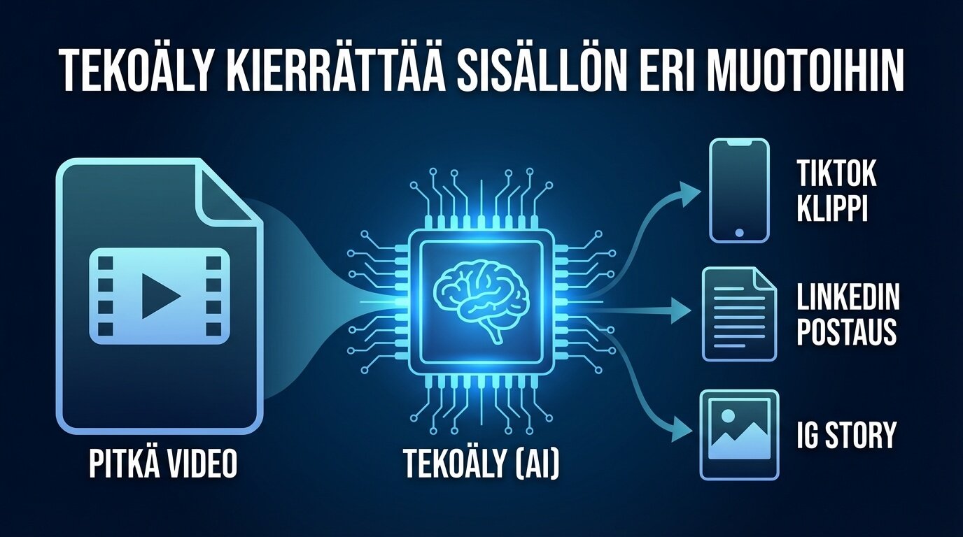 Tekoäly muuttaa videon TikTok-klipiksi, LinkedIn-postaukseksi ja Instagram-storyksi.