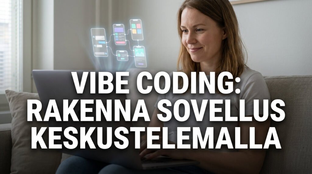 Nainen käyttää kannettavaa tietokonetta ja rakentaa sovellusta vibe coding -menetelmällä keskustelemalla tekoälyn kanssa