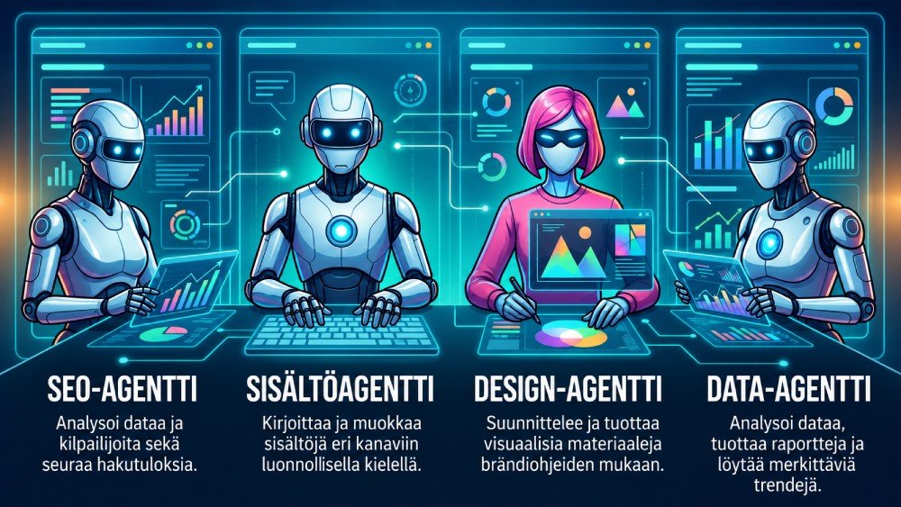 AI-agentit hoitavat SEO:n, sisällöntuotannon, designin ja analytiikan tehtäviä.