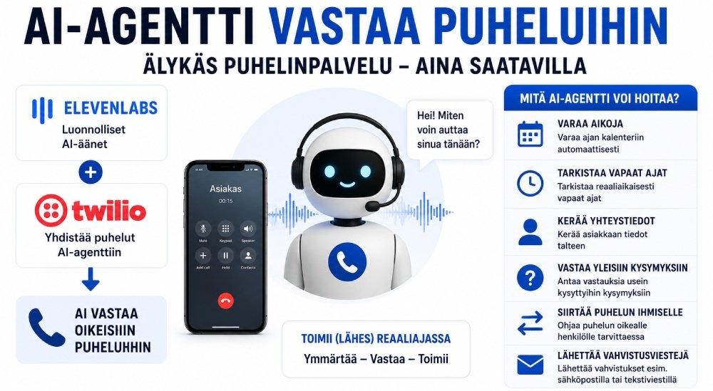 Infografiikka AI-puhelinagentista, joka voi varata aikoja, tarkistaa vapaita aikoja ja siirtää puhelun ihmiselle.