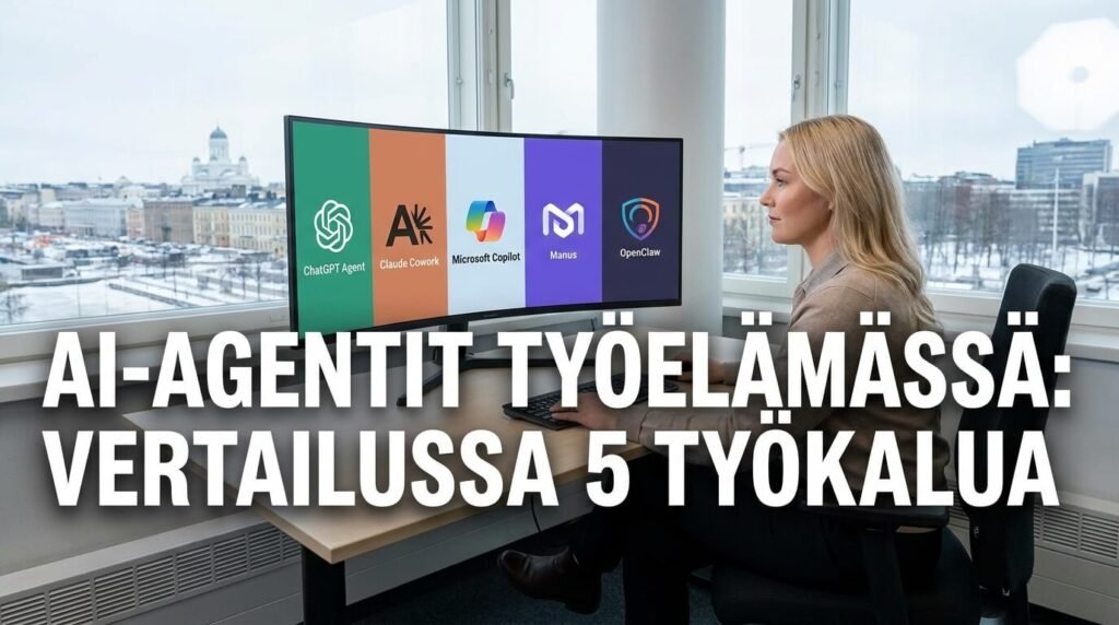 Toimistokuva, jossa näytöllä näkyvät ChatGPT Agent, Claude Cowork, Microsoft Copilot, Manus ja OpenClaw.