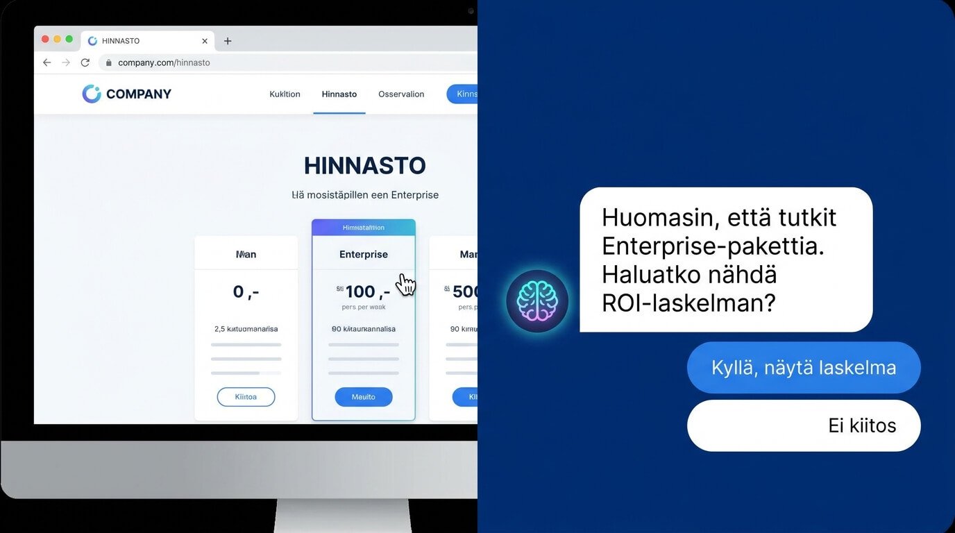 AI-chatbot keskustelee verkkosivun kävijän kanssa yrityksen hinnoittelusivulla.