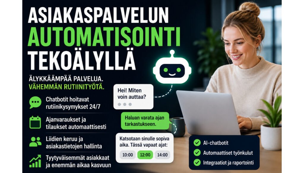 Tekoälyllä automatisoitu asiakaspalvelu, jossa chatbotti auttaa asiakasta ajanvarauksessa.