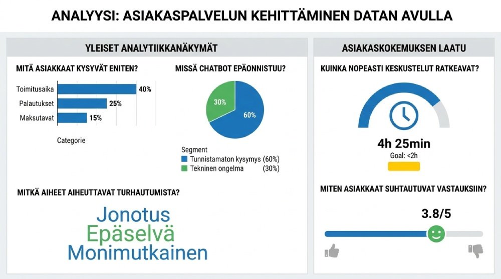 Esimerkkiraportti asiakaspalvelun analytiikasta, jossa seurataan chatbotin onnistumista, vastausnopeutta ja asiakastyytyväisyyttä.
