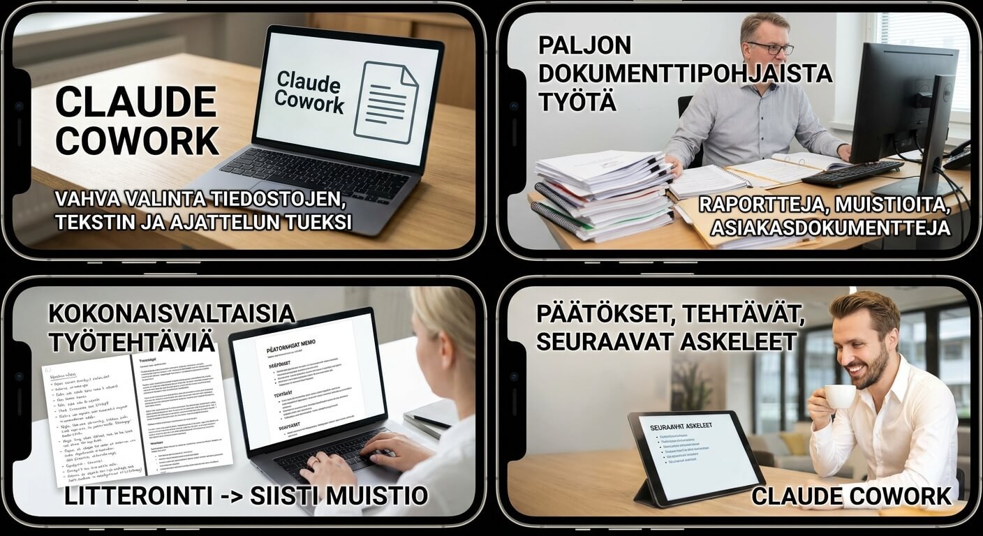 Kuvakollaasi Claude Coworkista dokumenttipohjaisen työn apuna, mukana raportteja, muistioita, litterointeja ja seuraavia askeleita.
