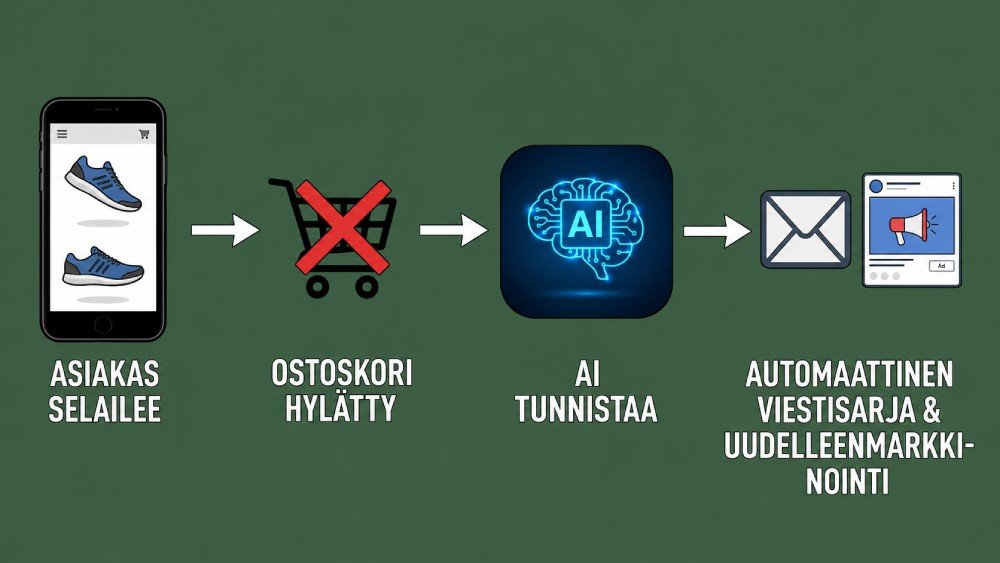Esimerkki: Tekoäly tunnistaa hylätyn ostoskorin ja käynnistää automaattisen markkinointisarjan.
