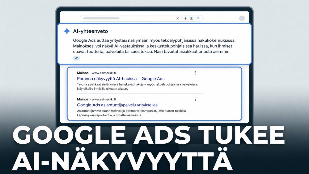 Google Ads -hakutuloksia ja AI Overview -näkymää esittävä kuvitus kertoo maksetun mainonnan roolista AI-näkyvyydessä.