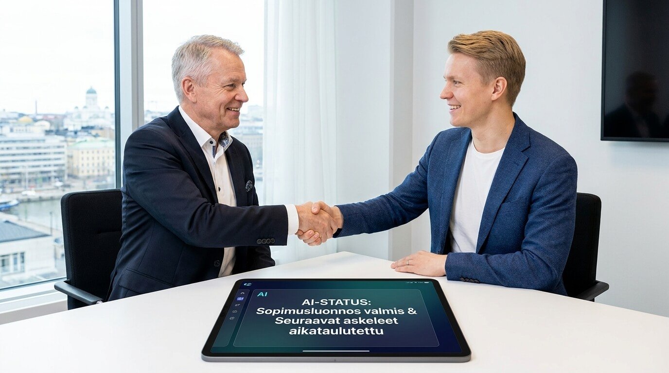 Kaksi liikemiestä kättelee samalla kun AI-järjestelmä näyttää seuraavat myyntiprosessin vaiheet.