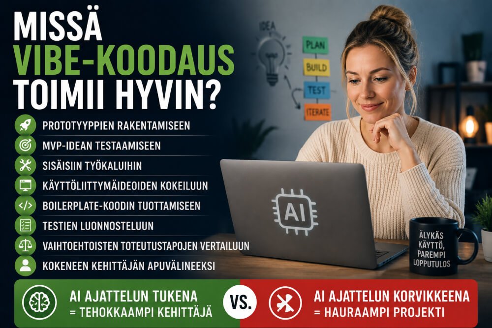 Vibe-koodaus toimii prototyypeissä, MVP-testauksessa ja kokeneen kehittäjän apuvälineenä