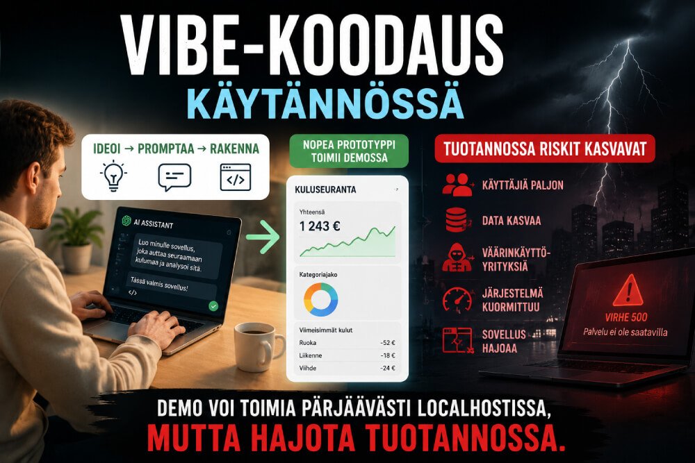 Vibe-koodaus prototyypistä tuotantoriskeihin