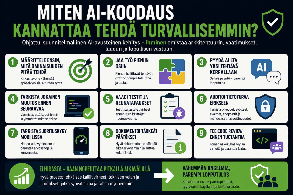 Turvallisemman AI-koodauksen prosessi: määrittely, testaus, auditointi, dokumentointi ja code review