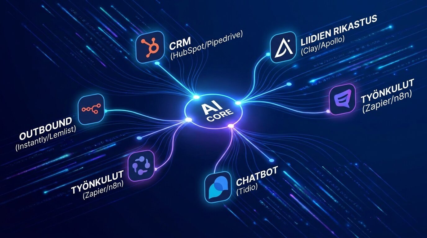 Visualisointi modernista AI-pohjaisesta myynnin automaatiojärjestelmästä ja eri työkalujen yhteyksistä.