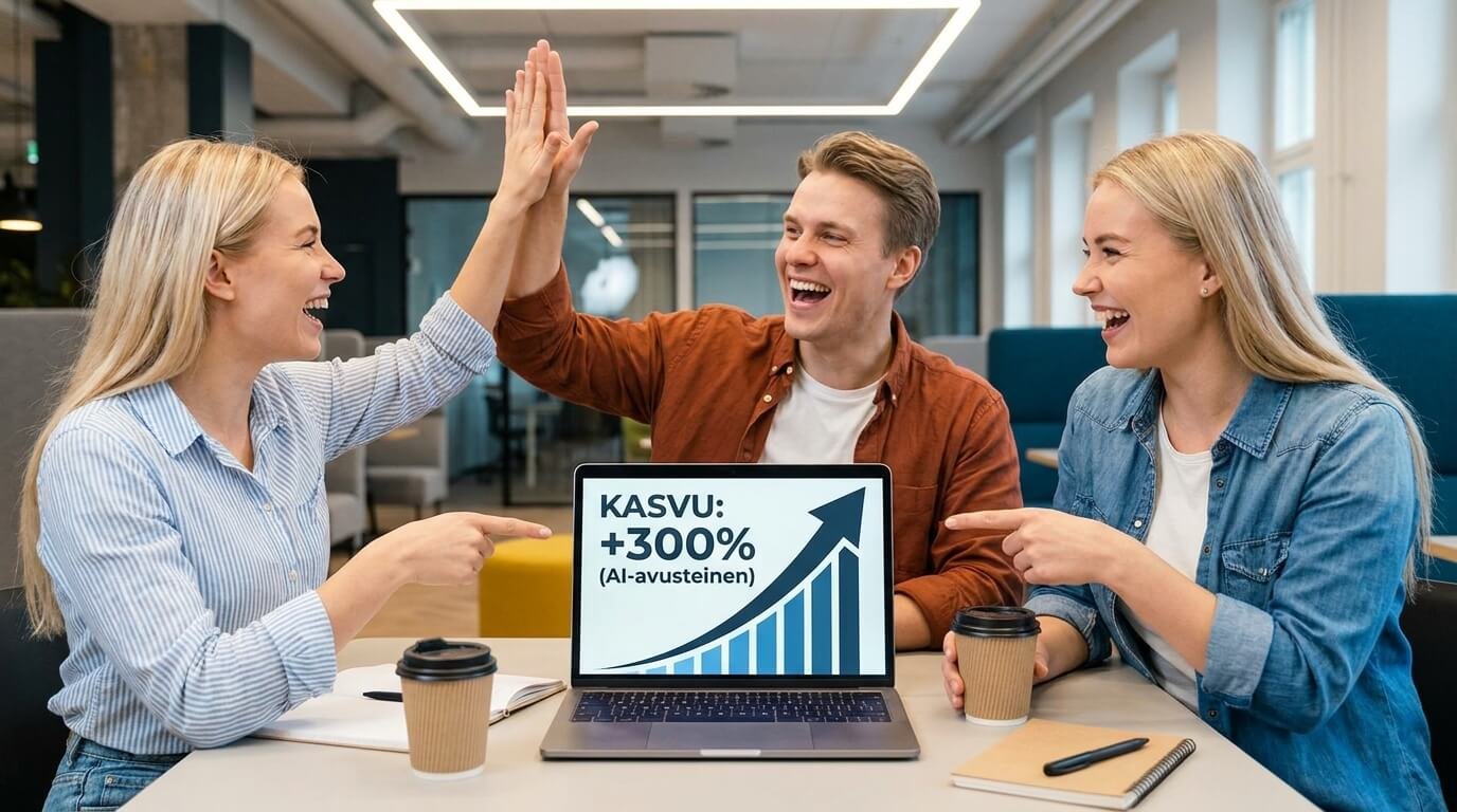 Pk-yritys juhlistaa AI-avusteisen myynnin kasvua toimistossa.