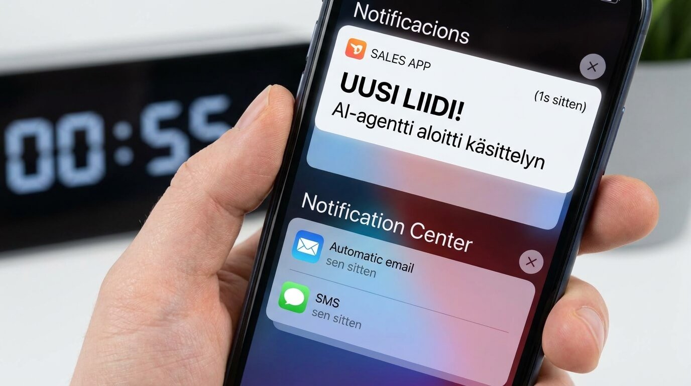 Puhelimen ilmoitus kertoo uuden liidin saapumisesta ja AI-agentin aloittamasta käsittelystä.