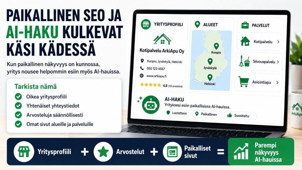 Paikallinen SEO ja AI-haku yhdistyvät, kun yritysprofiili, arvostelut ja paikalliset sivut tukevat yrityksen näkyvyyttä tekoälyhauissa.