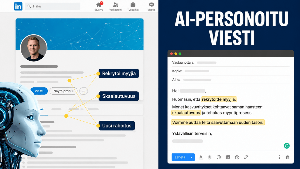 AI analysoi LinkedIn-profiilia ja rakentaa personoidun myyntiviestin yrityksen kasvusignaalien perusteella.