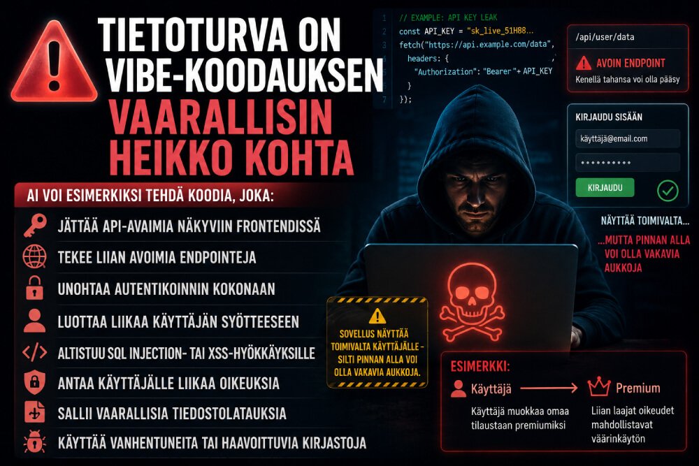 Vibe-koodauksen tietoturvariskit, kuten avoimet endpointit, API-avaimet ja liian laajat oikeudet