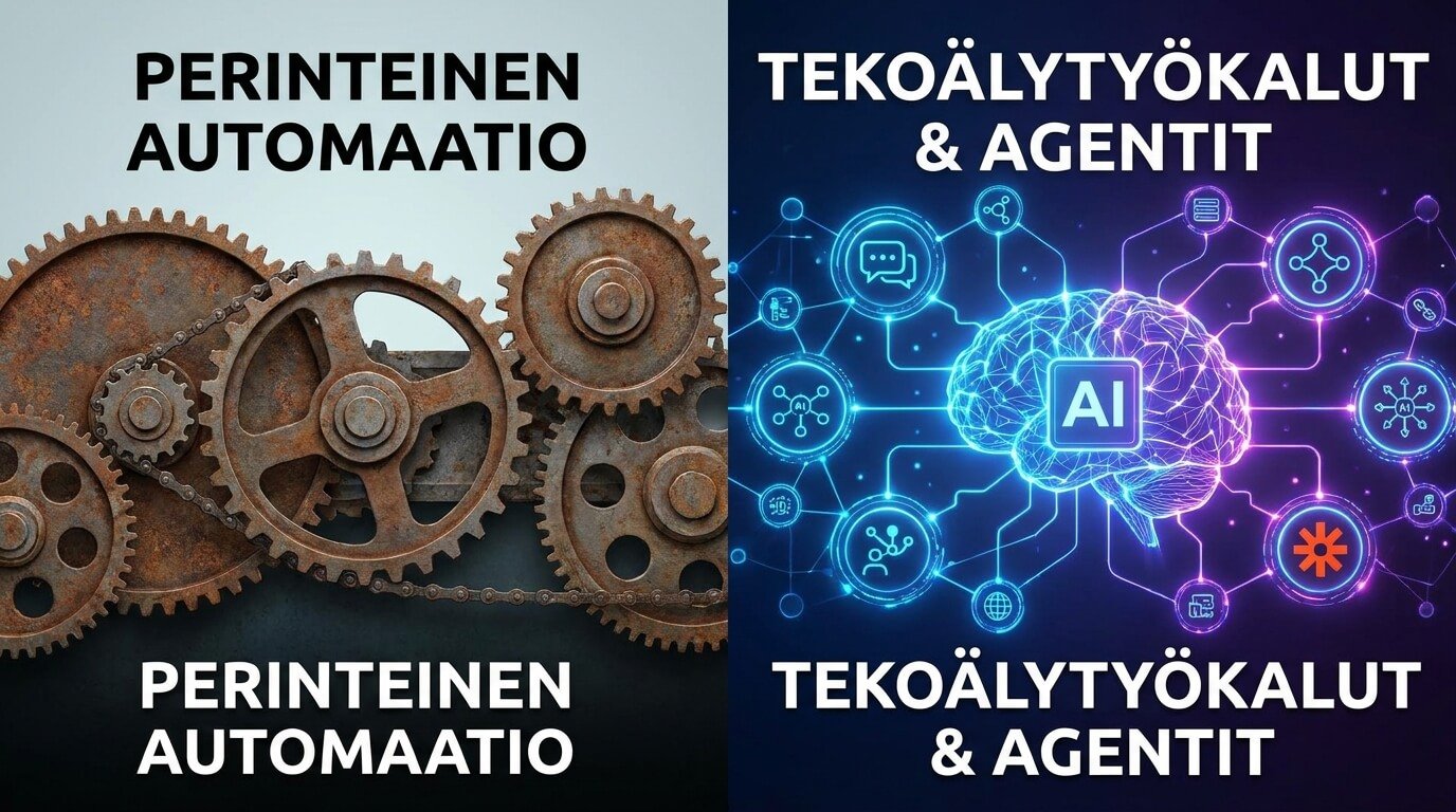 Vertailu perinteisen automaation ja tekoälypohjaisten agenttien välillä.