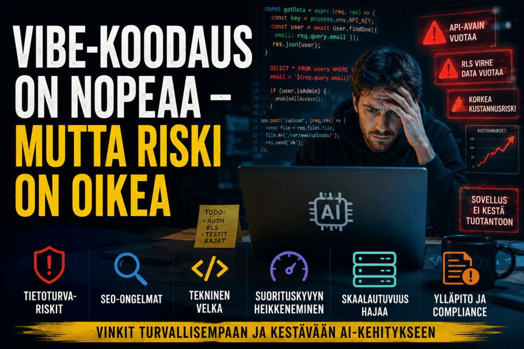 Vibe-koodauksen riskit, kuten tietoturva, SEO-ongelmat, tekninen velka ja compliance-riskit