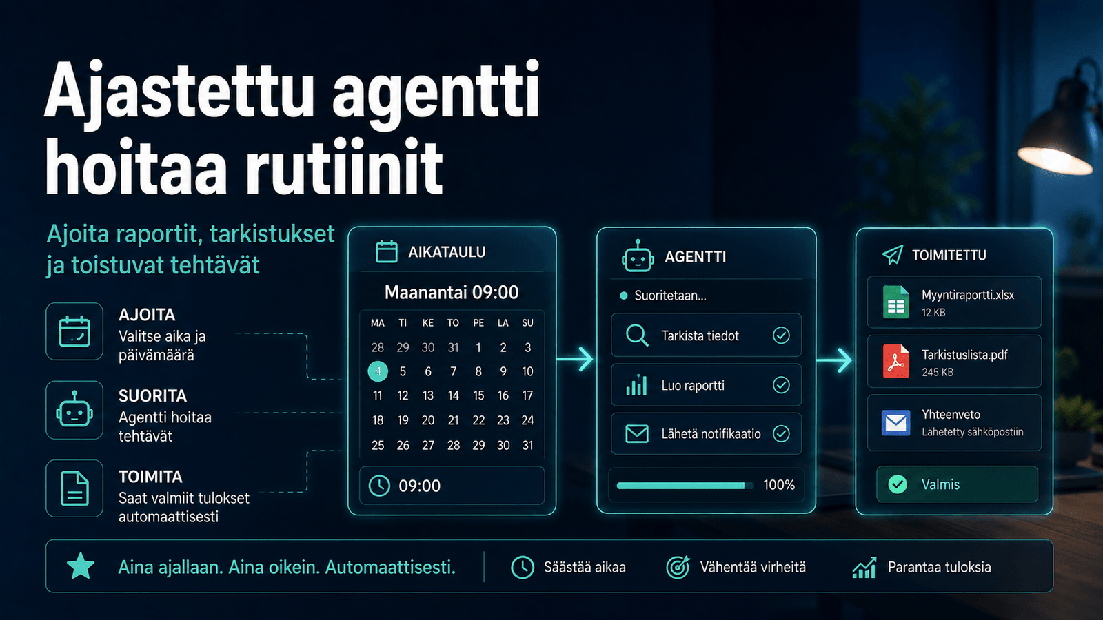 Ajastettu tekoälyagentti suorittaa raportoinnin ja tarkistukset automaattisesti sovittuna ajankohtana.