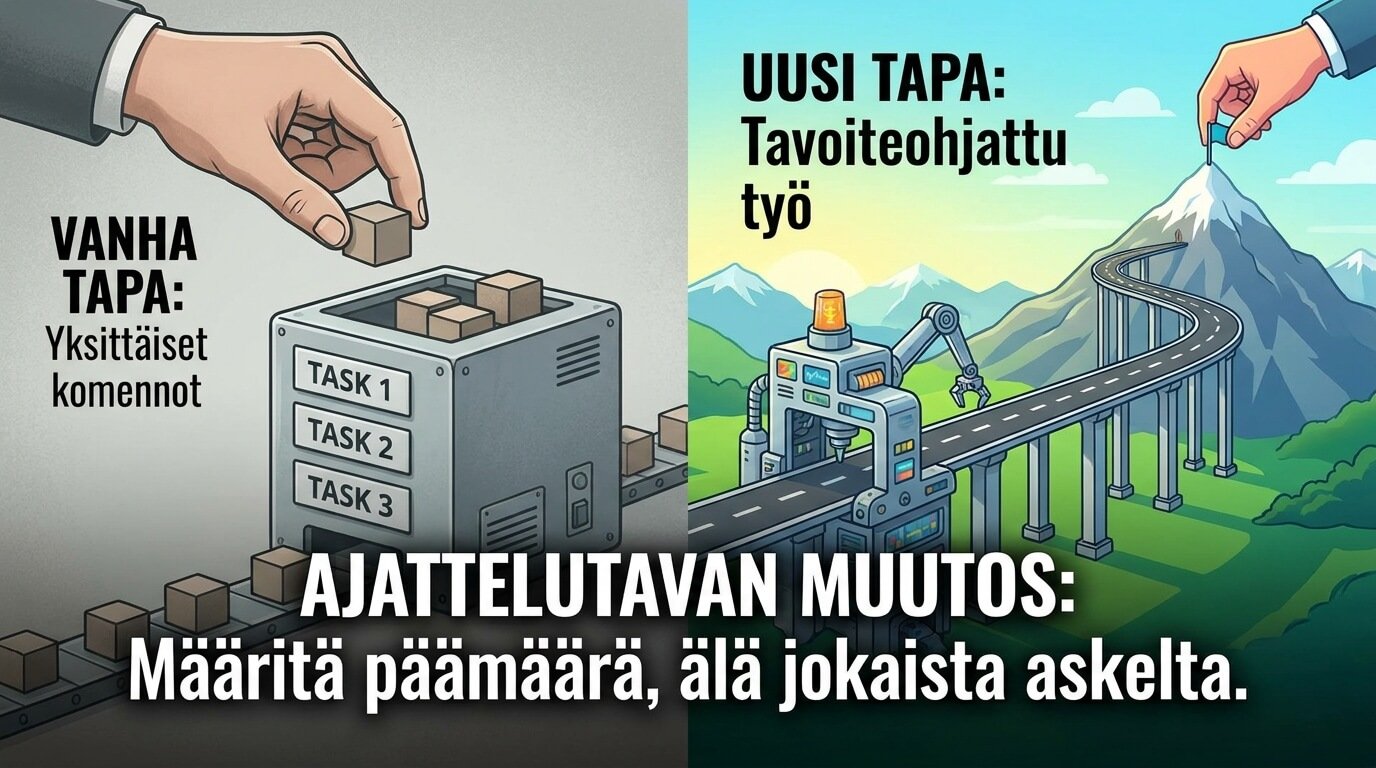 Kuva vanhasta komentopohjaisesta tekoälyn käytöstä ja uudesta tavoiteohjatusta työskentelytavasta.