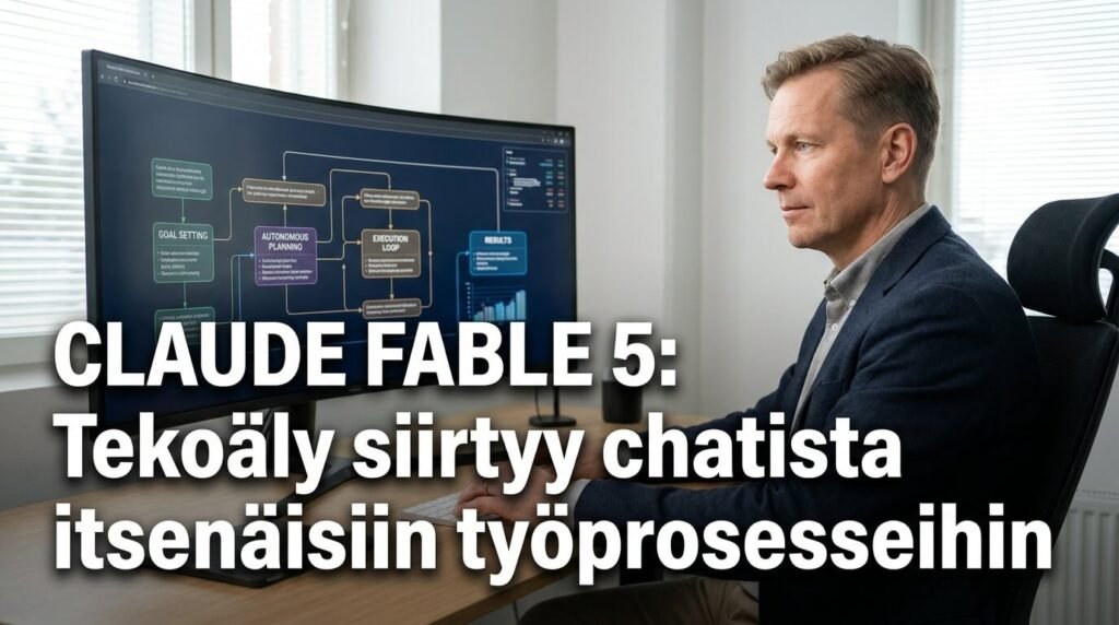 Claude Fable 5 -teemainen kuva, jossa tekoäly siirtyy chatista itsenäisiin työprosesseihin.