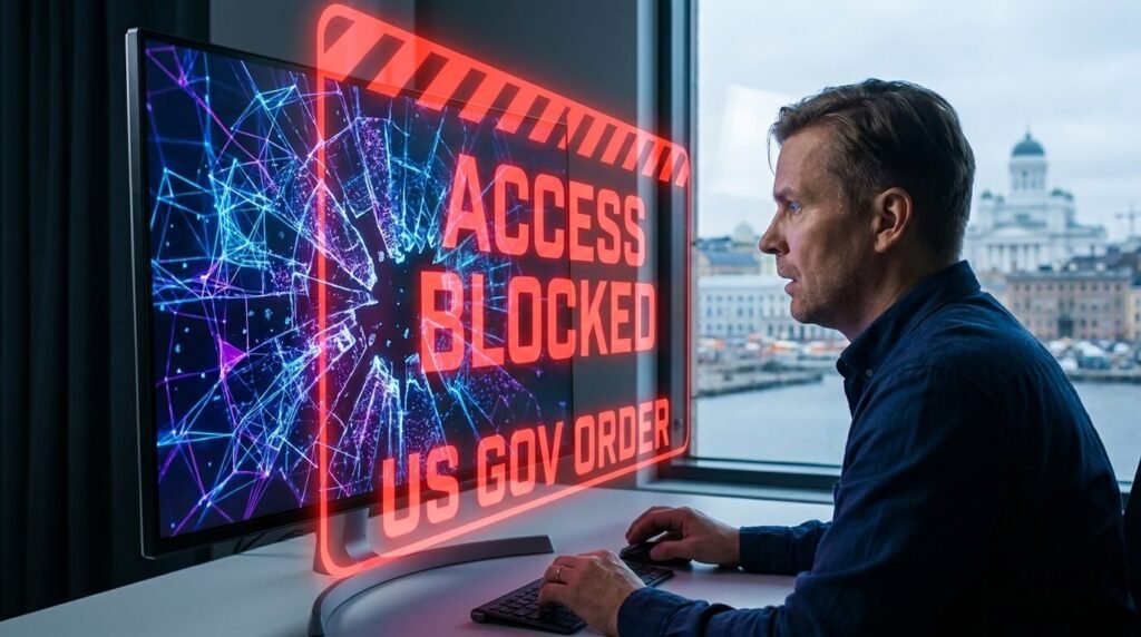 Mies katsoo tietokoneen näytöllä näkyvää Access Blocked -ilmoitusta, joka viittaa Fable 5:n käytön estämiseen.