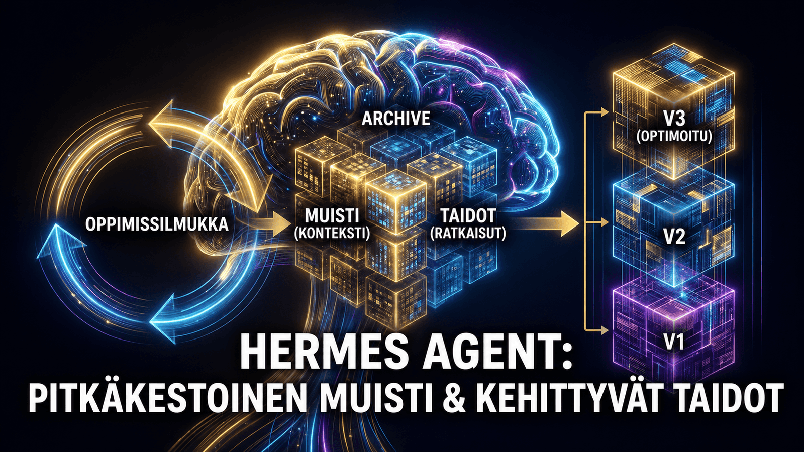 Hermes Agentin pitkäkestoista muistia, oppimissilmukkaa ja kehittyviä taitoja esittävä futuristinen grafiikka.