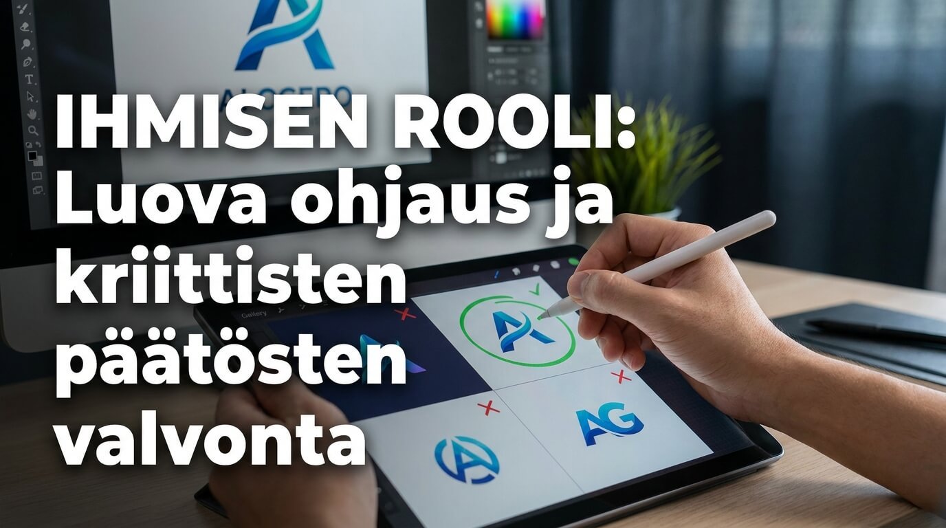 Kuva suunnittelijasta, joka ohjaa luovaa työtä ja valvoo tekoälyn tuottamia ratkaisuja.