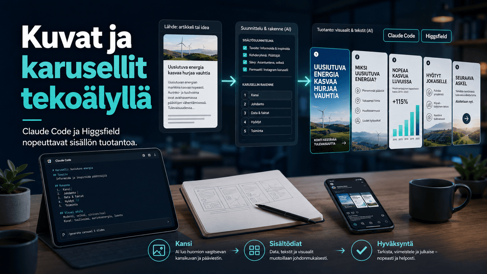 Claude Code ja Higgsfield muuttavat artikkelin suunnitelmaksi ja valmiiksi Instagram-karuselliksi.