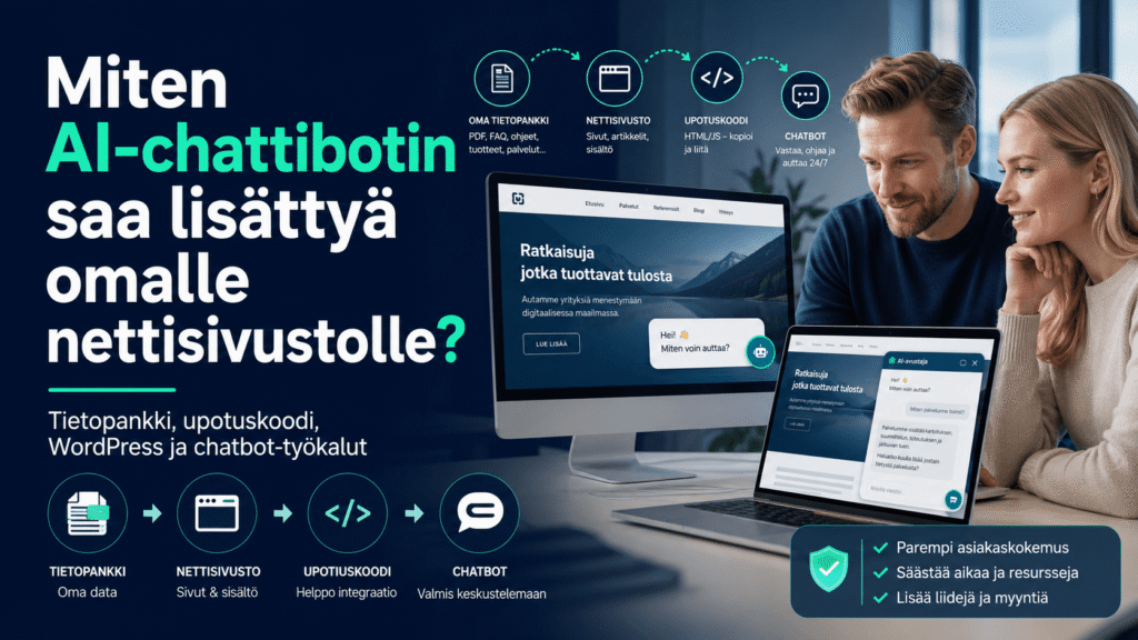 AI-chattibotin lisääminen verkkosivustolle: tietopankki, nettisivu, upotuskoodi ja valmis chat-ikkuna.