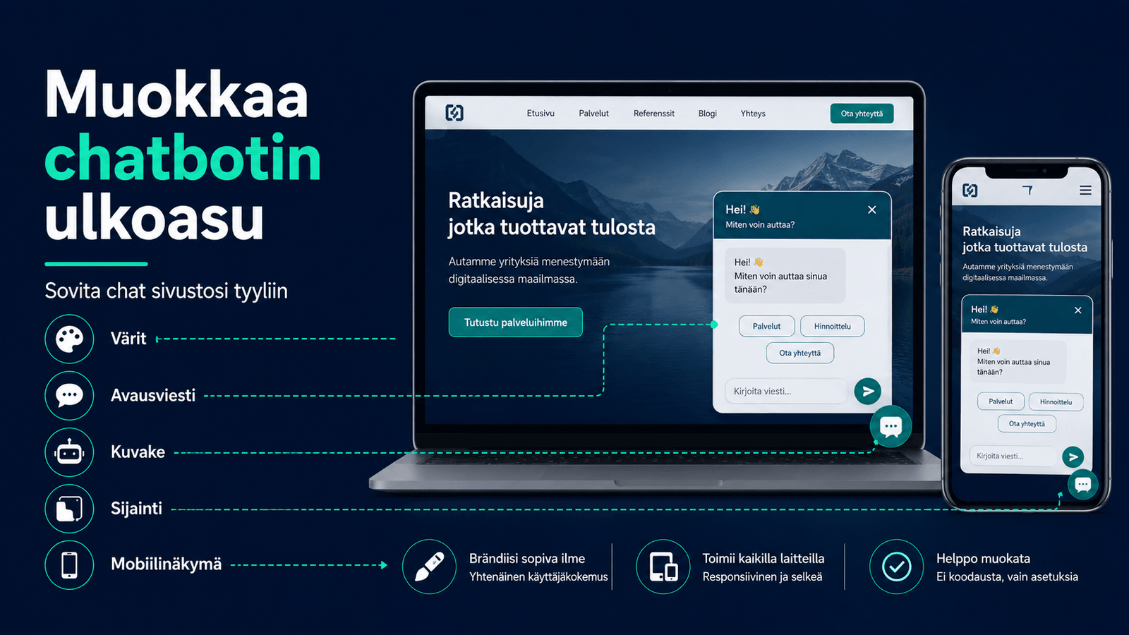 Chatbotin ulkoasun muokkaaminen verkkosivuston väreihin, avausviestiin, kuvakkeeseen, sijaintiin ja mobiilinäkymään sopivaksi.
