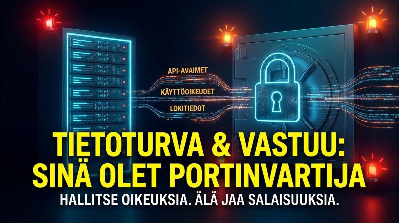 Tietoturvaa ja käyttöoikeuksia kuvaava grafiikka AI-agentin API-avaimista, lokitiedoista ja salaisuuksien hallinnasta.