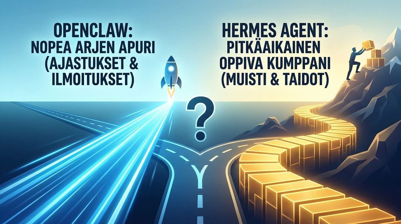 Vertailukuva OpenClaw’n nopean arjen avun ja Hermes Agentin pitkäaikaisen oppivan AI-assistentin välillä.