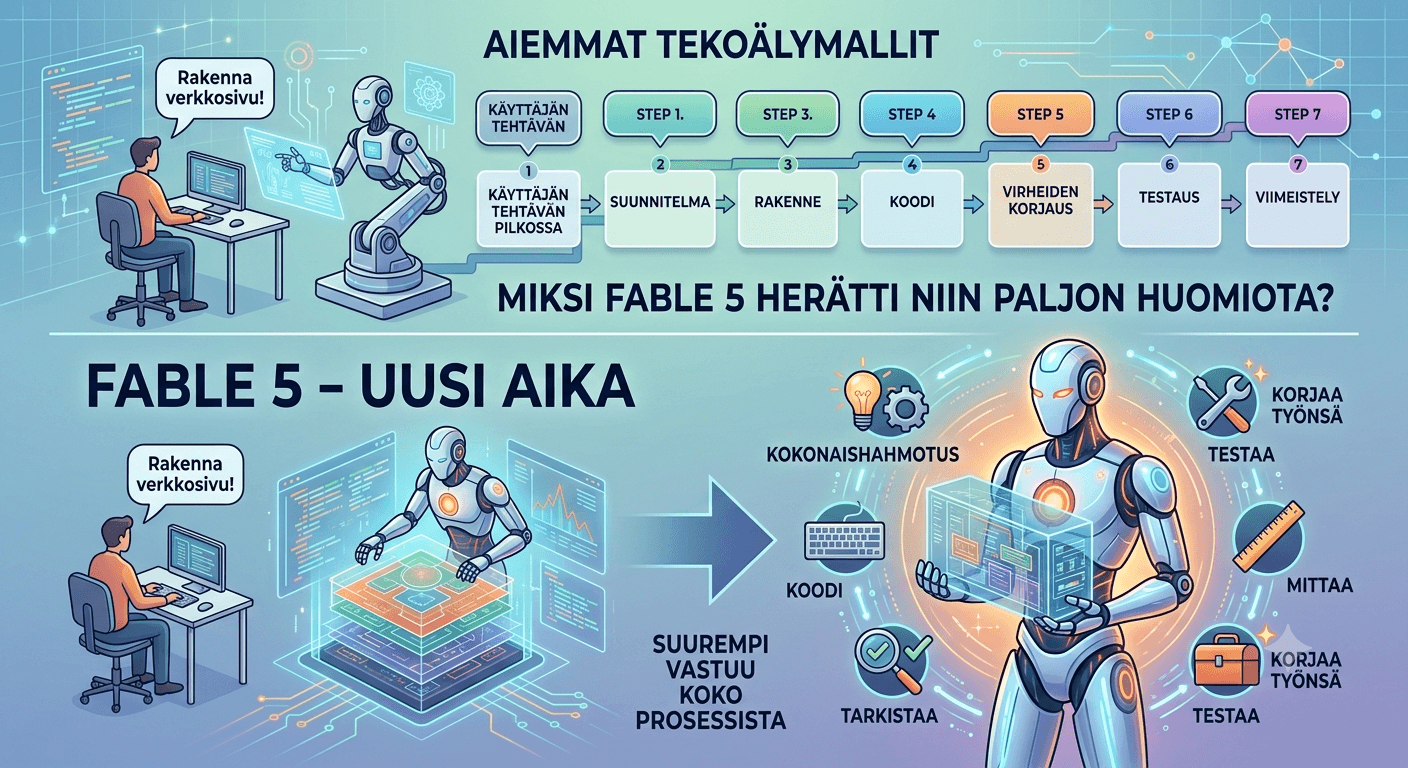Infografiikka näyttää, miten Fable 5 eroaa aiemmista tekoälymalleista ottamalla suuremman vastuun koko työprosessista.
