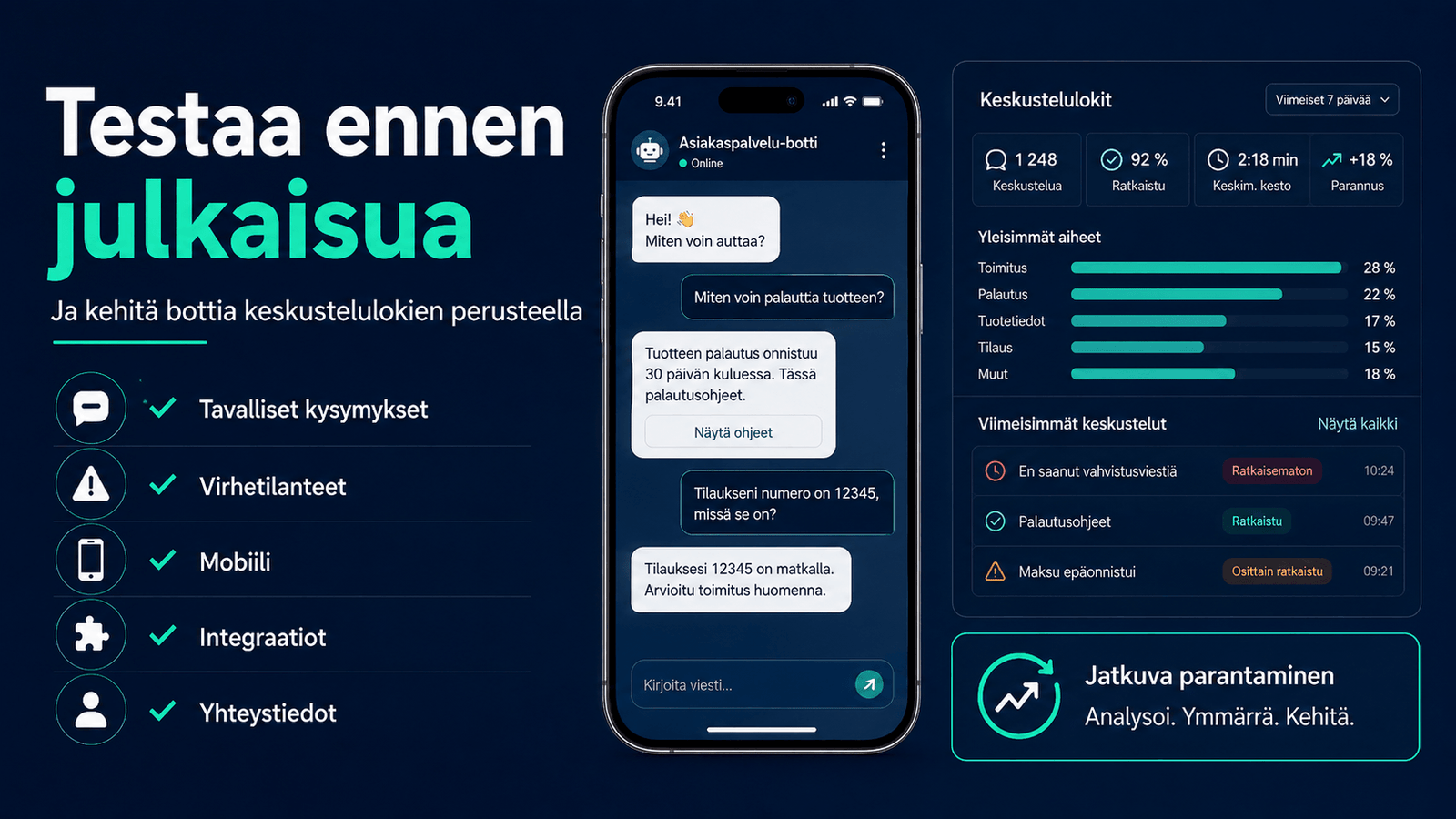 AI-chattibotin testaaminen mobiilissa sekä keskustelulokien ja analytiikan hyödyntäminen chatbotin kehittämisessä.
