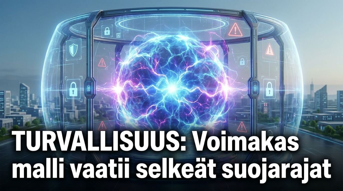 Kuva voimakkaasta tekoälymallista suojarakenteen sisällä, ympärillä lukkoja ja varoitusmerkkejä.
