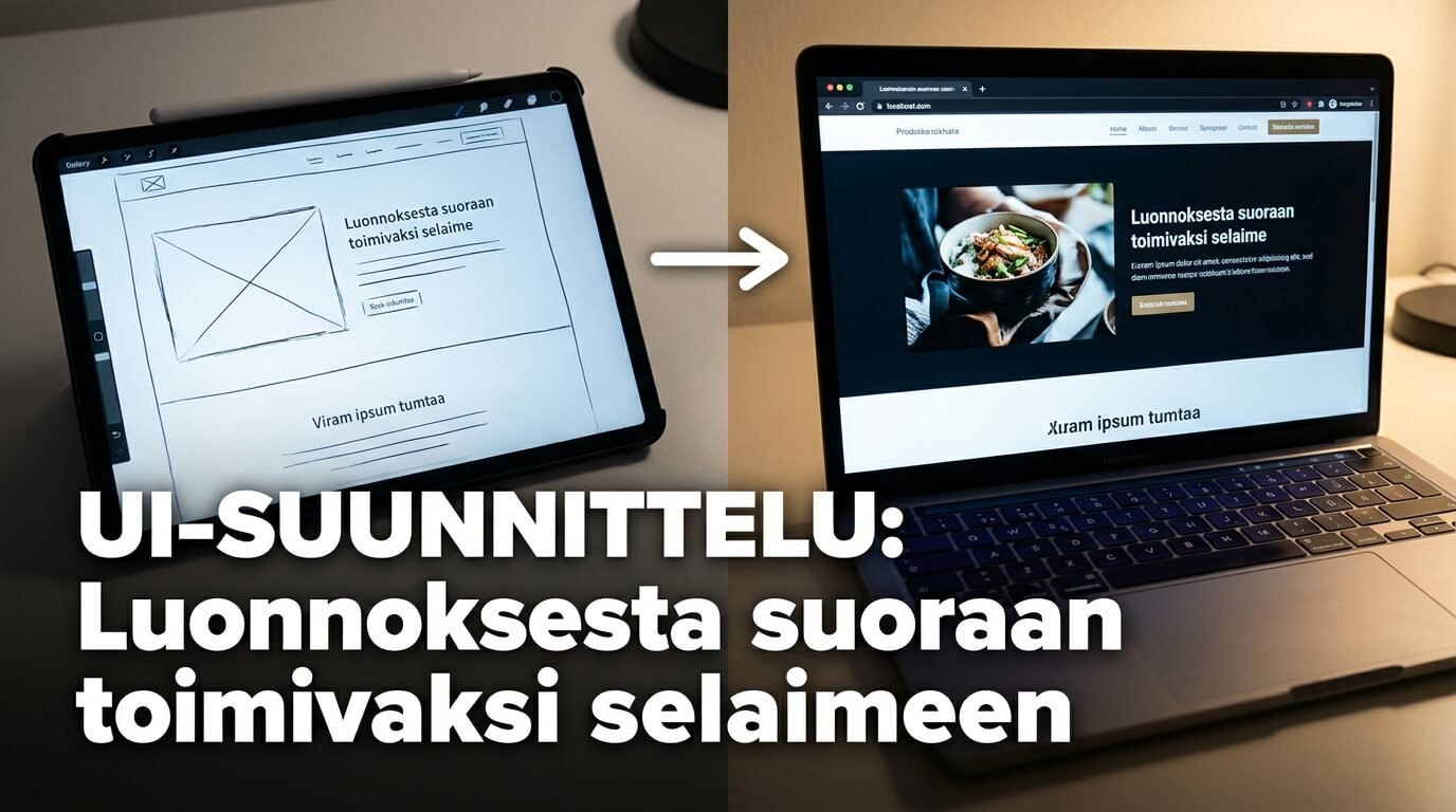 Kuva, jossa käyttöliittymäluonnos muuttuu toimivaksi verkkosivuksi selaimessa.