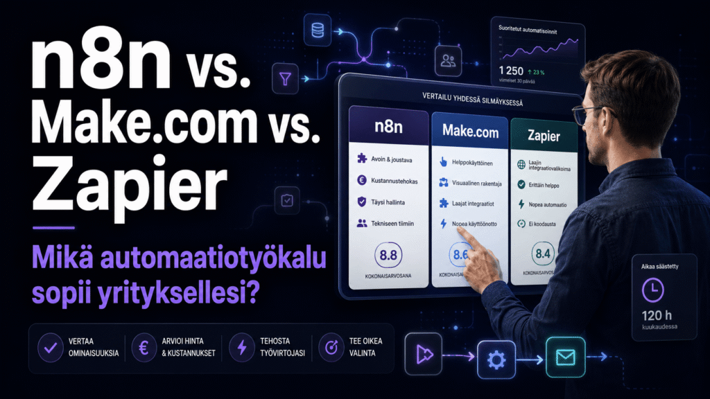 n8n-, Make.com- ja Zapier-automaatiotyökalujen vertailu digitaalisella näytöllä.